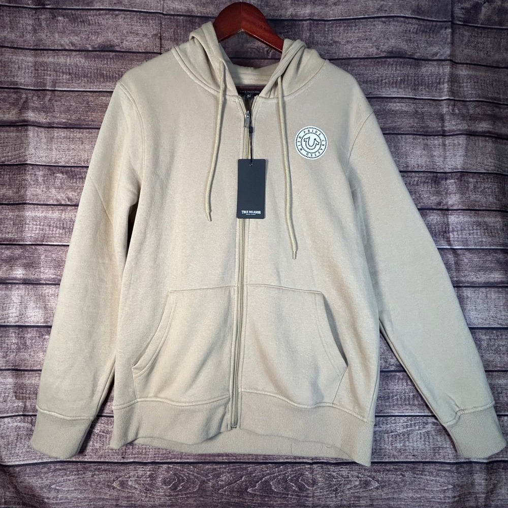 True Religion Mens True College Full Zip Hoodie Jacket Travertine Beige L NEW